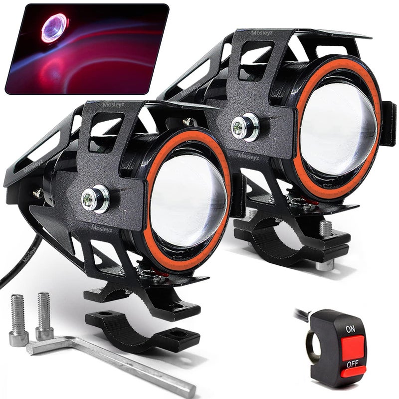 Mosleyz Motorcycle LED Fog Lights U7 Spotlight Daytime Running Lights with Red Angel Eyes Halo Ring and ON/Off Toggle Switch 2-Sets - Image 1